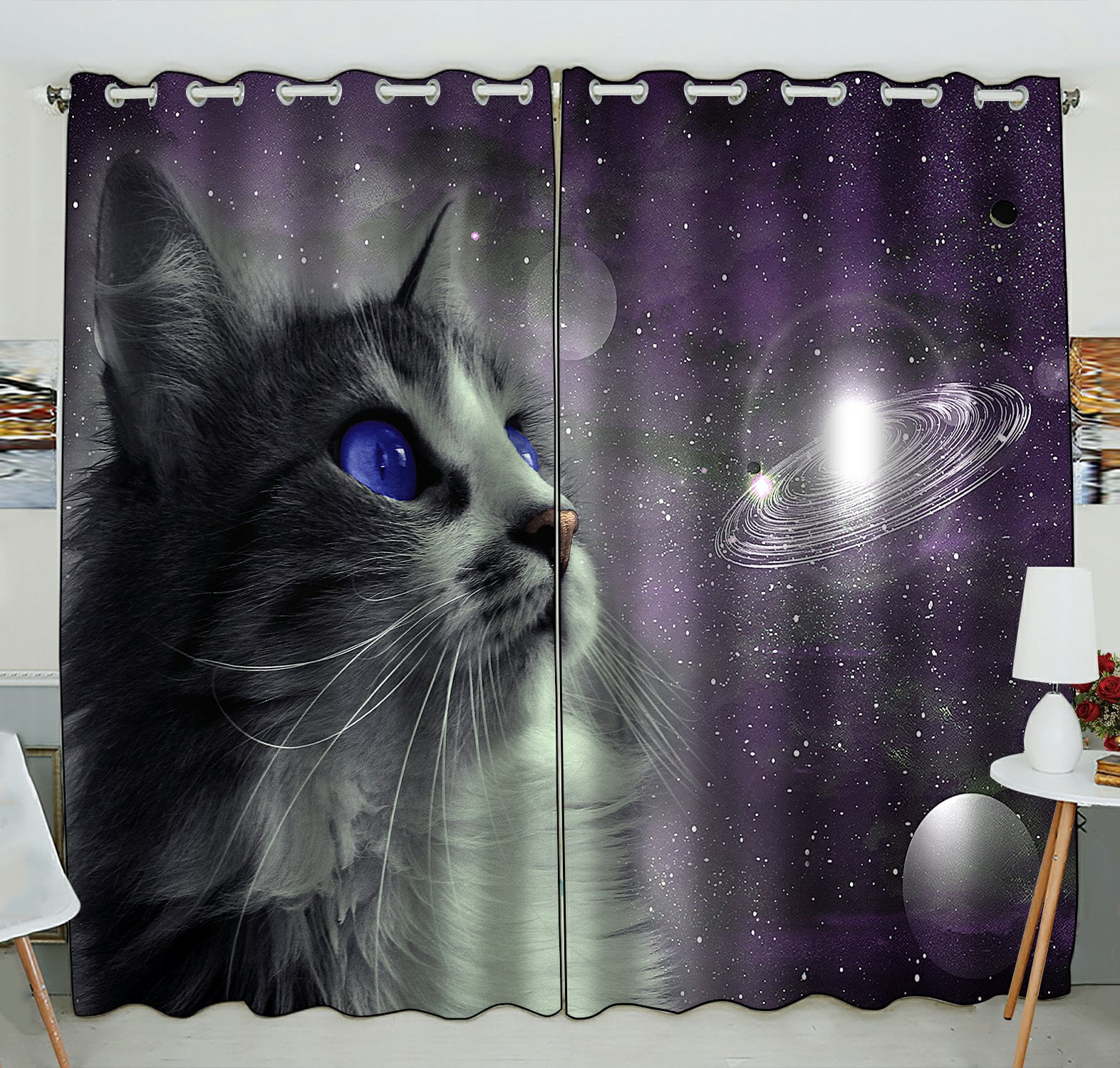 Phfzk Window Curtain, Cat In Outer Space Window Curtain Blackout