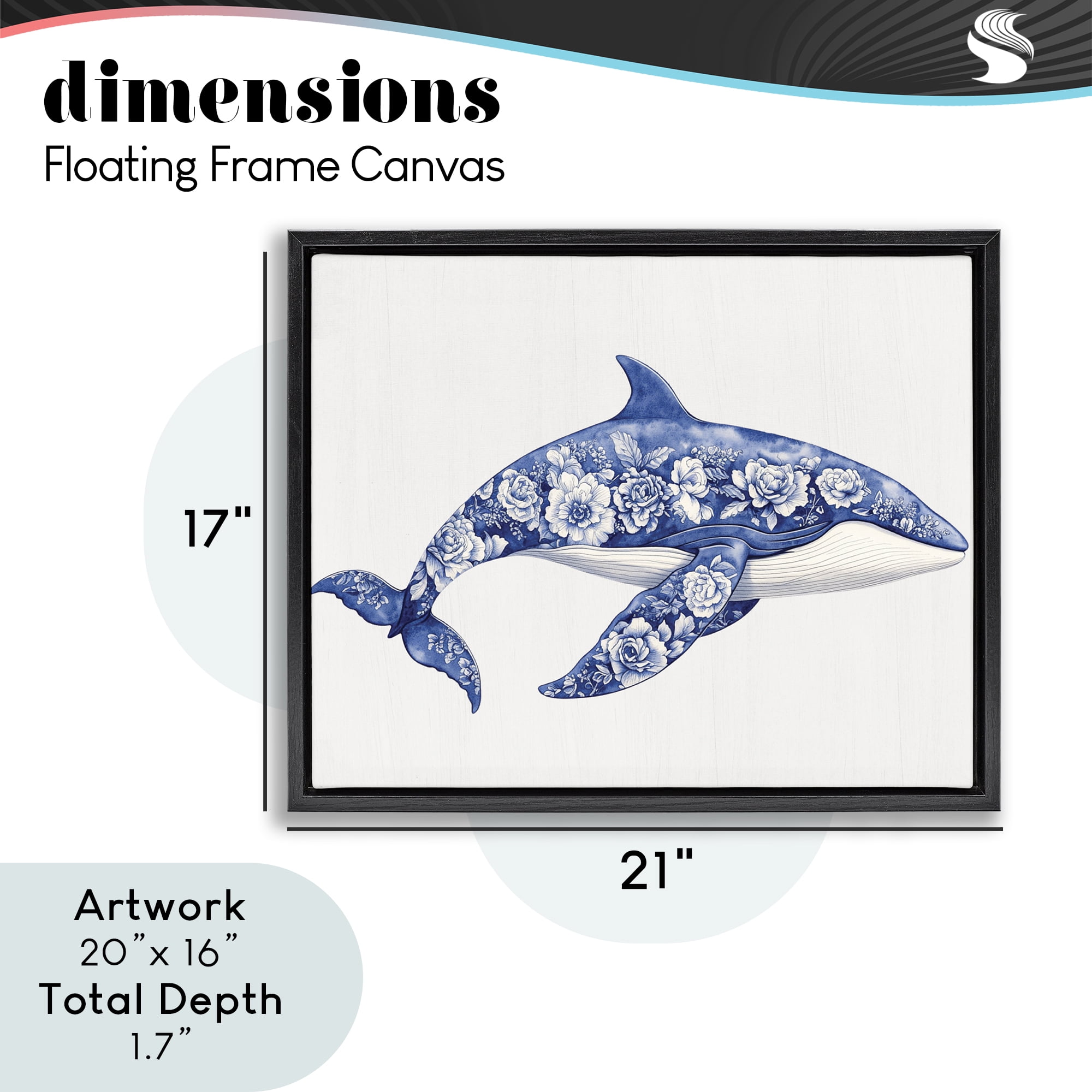 Floral Toile Whale Black Framed Floater Canvas Wall Art, design by Lettered and Lined