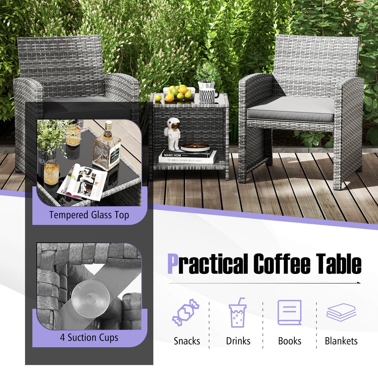 Costway 3 PCS Patio Furniture Set with Tempered Glass Coffee Table & Soft Seat Cushions Gray