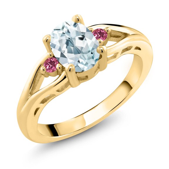 Gem Stone King 18K Yellow Gold Plated Silver Sky Blue Aquamarine and Pink Tourmaline 3 Stone Engagement Ring for Women | 1.26 Cttw | Oval 8X6MM | Round 2MM | Gemstone March Birthstone | Size 8