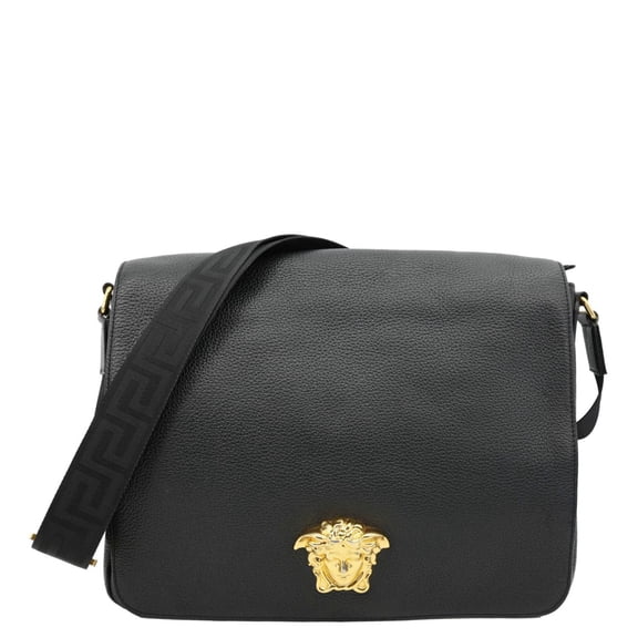 Pre-Owned Versace Medusa Head Leather Messenger Bag Black