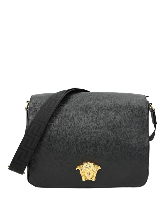 Pre-Owned Versace Medusa Head Leather Messenger Bag Black