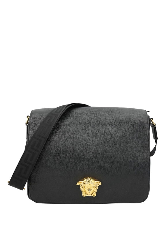 Pre-Owned Versace Medusa Head Leather Messenger Bag Black