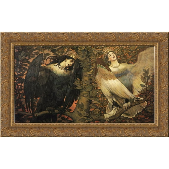 Sirin and Alkonost The Birds of Joy and Sorrow 24x16 Gold Ornate Wood Framed Canvas Art by Viktor Vasnetsov