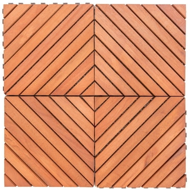 12-Diagonal Slat Eucalyptus Interlocking Deck Tiles - Set of 10 Tiles for Easy Installation and Stunning Brown Solid Wood Design