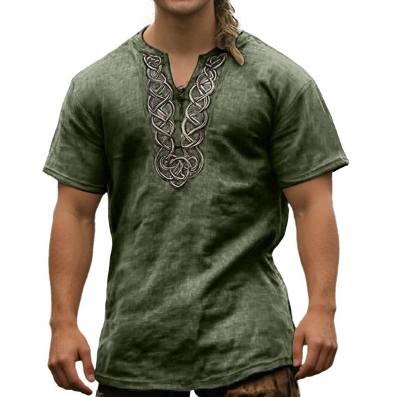 Medieval Viking T-Shirt for Men Ethnic Printed Summer Boho Short Tee Retro V Neck Cotton Linen Beach Hippie Shirt
