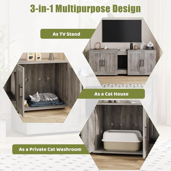 Elegant Double Room Cat Litter Cabinet Stylish Litter Box Enclosure for Two Cats with Storage and Cat Mat in Gray
