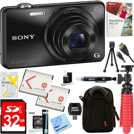 Sony Cyber-shot WX220 Compact Digital Camera with 10x Optical Zoom (Black) + 32GB SDXC Memory Dual Battery Kit + Accessory