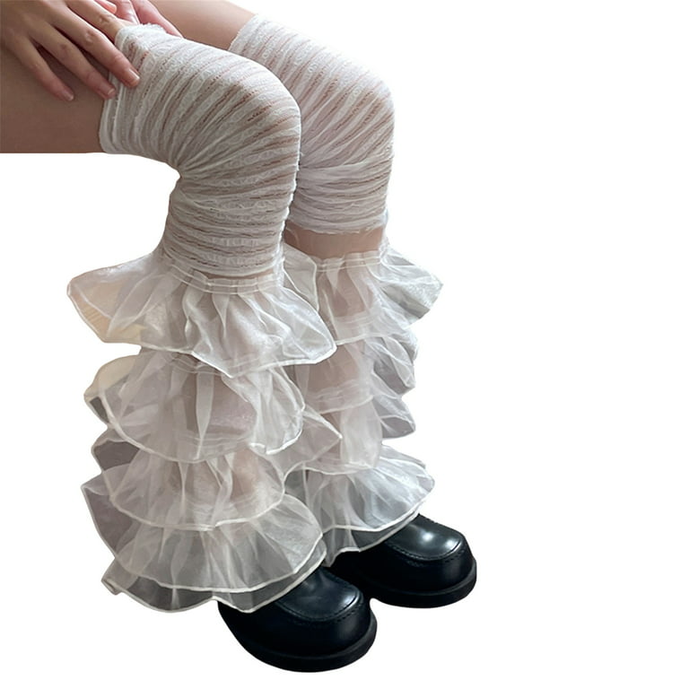 Sunisery Women Leg Warmers Ruffled Lace Patchwork Long Thigh High Socks  Boot Cuffs Cover Y2K Streetwear
