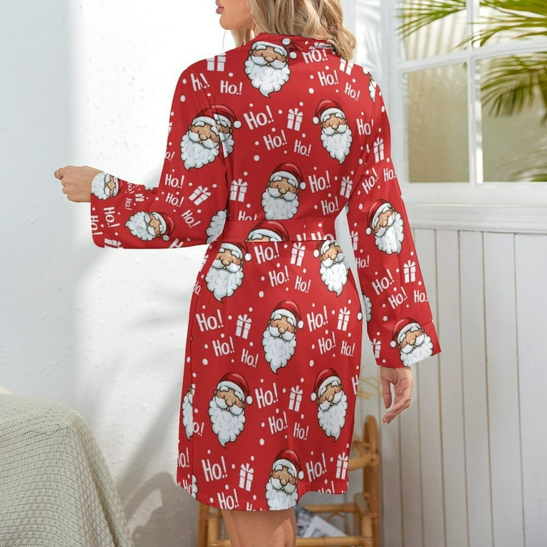 Short Robes Long Sleeve for Women Merry Christmas Santa Claus A Soft Breathable Women s Belted Bathrobe Nightgown V Neck Sleepwear Loungewear
