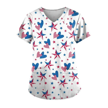 

Lolmot American Flag Shirt Women 4th of July Shirts Medical Workwear USA Stars Stripes T-Shirt Patriotic Tunic Blouse Plus Size Scrub Tops with Pockets on Clearance