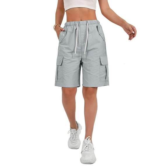 HKYNLAG 2026 Cargo Shorts Women Bermuda Shorts Summer Quick Dry High Waisted Long Shorts Drawstring Knee Length Plus Size Ladies Hiking Shorts with Pockets Light Gray S