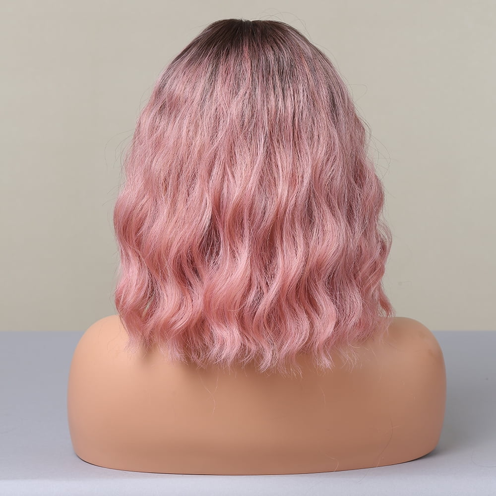 RightOn Short Ombre Pink Wig Black to Pink Wig Short Curly Wavy Pink Wig with Bangs Pink Bob Wigs Heat Resistant Synthetic Wigs