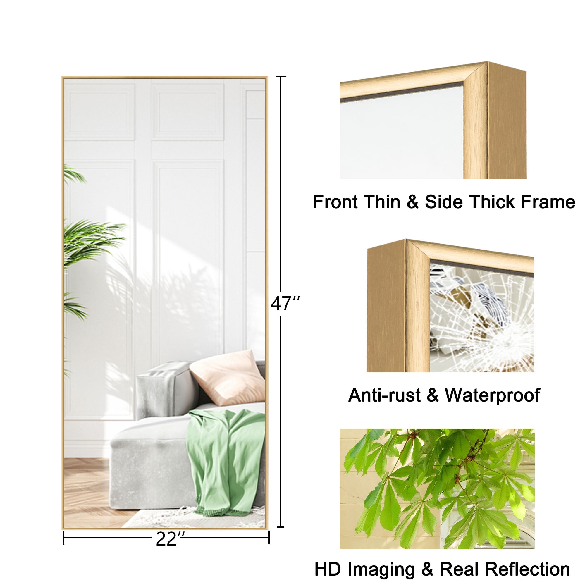 63"x18" Full Length Body Mirror Floor Hanging Mirror for Bedroom Dorm Room, Gold