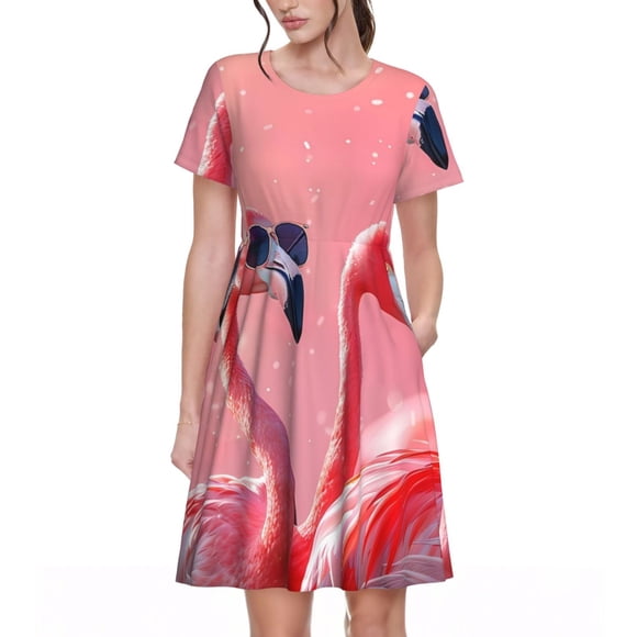 Fotbe Cool Flamingos Sunglasses Scene Vestido Largo de Moda para Mujer, Vestido Tipo Camiseta con Manga Corta y Estilo Casual a Rayas y Bloques de Color