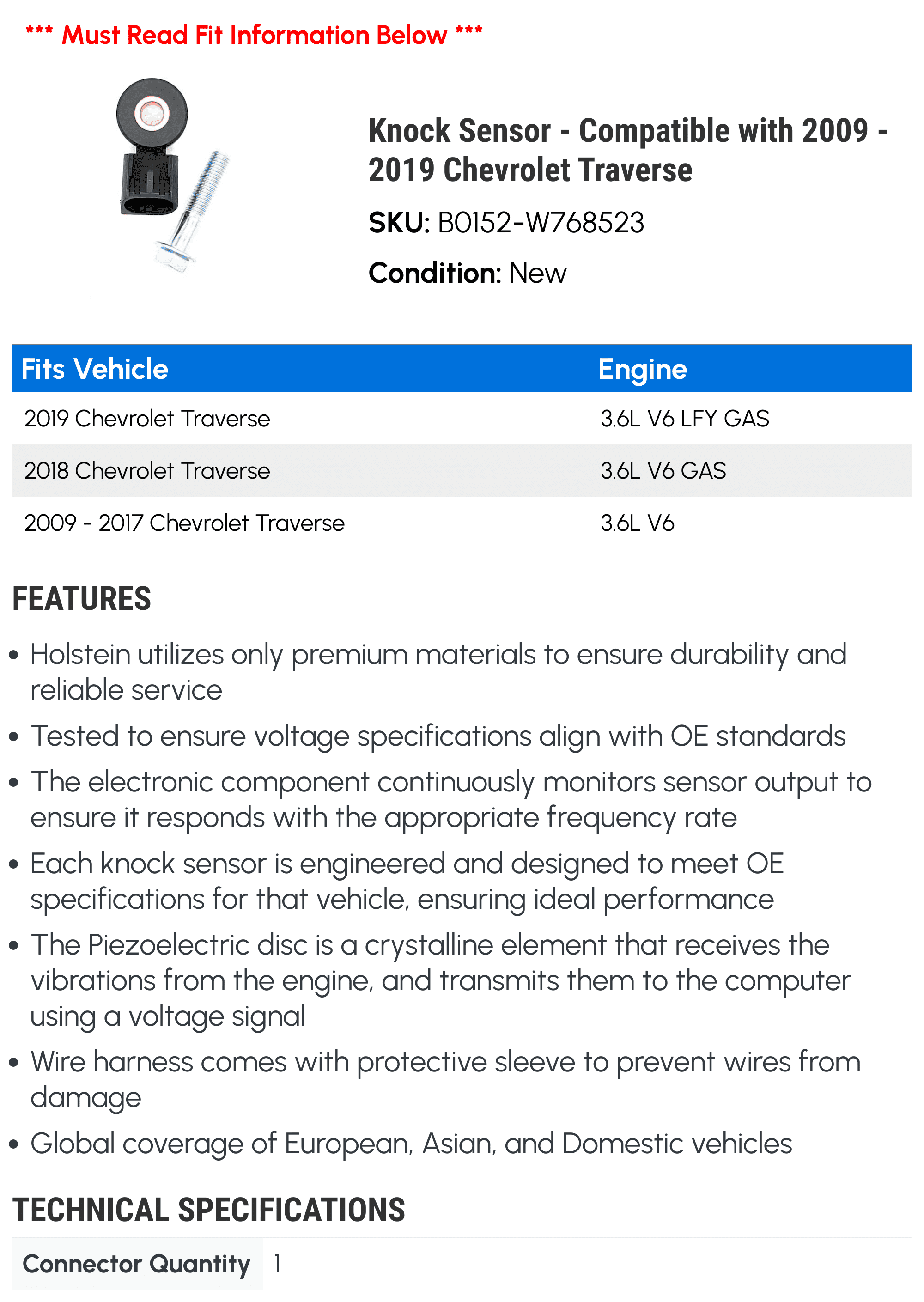 Knock Sensor - Compatible with 2009 - 2019 Chevrolet Traverse - Holstein