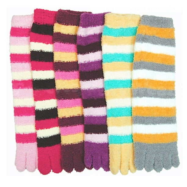 ATB 3 Pairs Lot Fuzzy Toe Socks Soft Striped Womens Thong Flip Flop