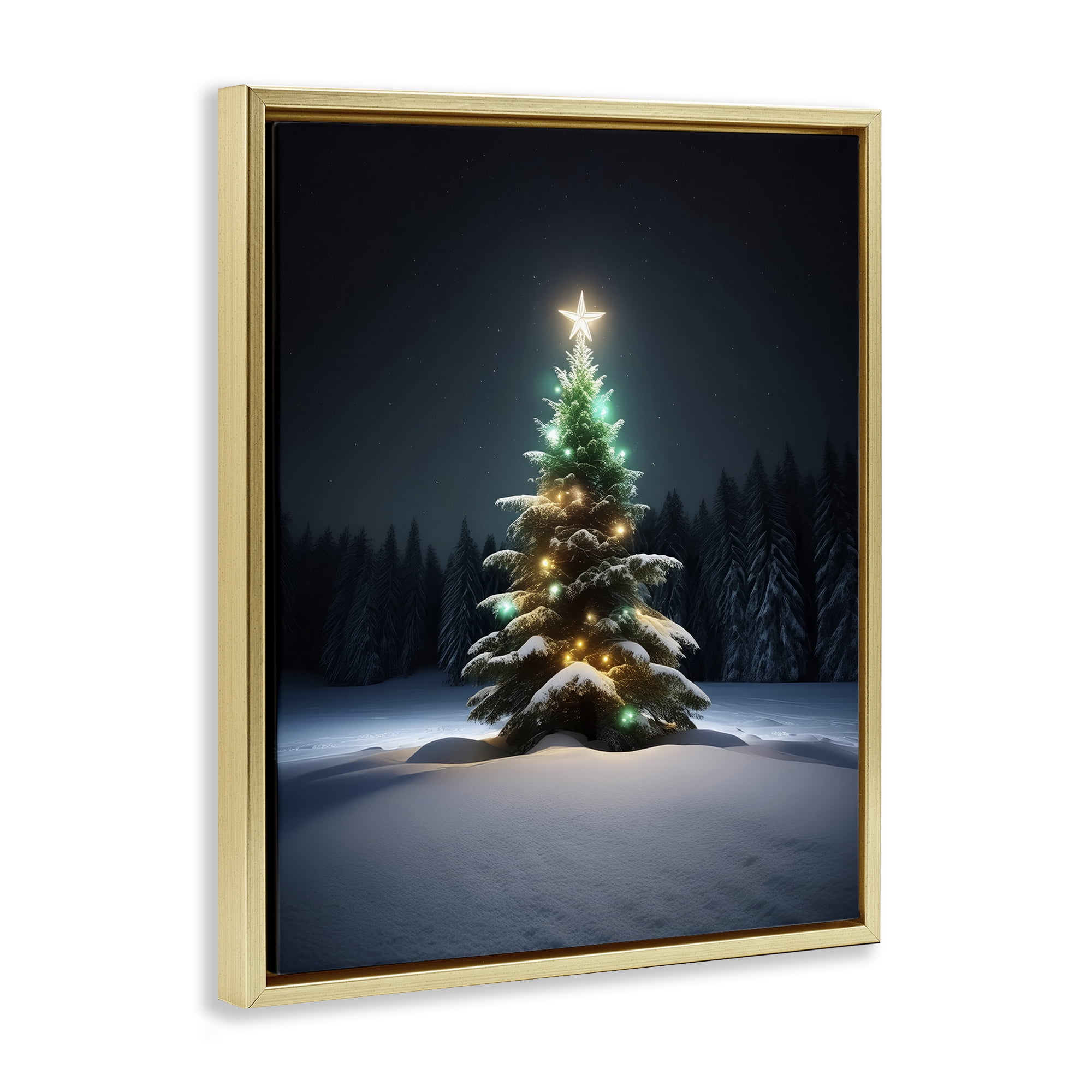Stupell Industries Clear Night Snowy Tree Holiday Photography Gold Floater Framed Canvas Art Prints Wall Art, 17 x 21