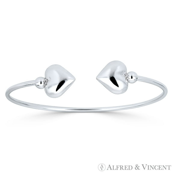 Hollow Double Heart Charm & Ball Bead Open-Cuff Bangle in .925 Sterling Silver