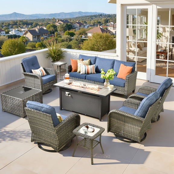 ODELIO 9-Piece Wicker Patio Furniture Set with Propane Fire Pit Table, Grey PE Rattan Outdoor Conversation Set with Swivel Rocking Chairs & Solar Coffee Table, Denim Blue Cushions
