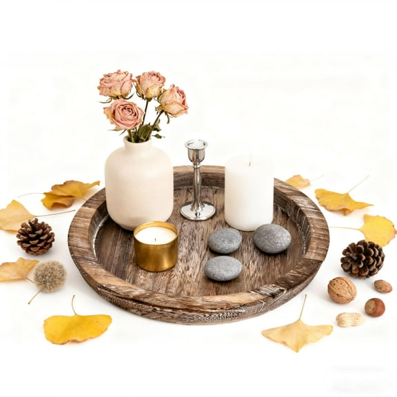 Remiawy Round Wooden Serving Tray, 11.2 Inch Decorative Wood Tray, Rustic Coffee Table Tray for Decor, Candle Plates and Trays for Kitchen Counter Centerpiece, Elegant Farmhouse Style