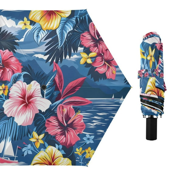 Compact Sun Umbrella Windproof Travel Umbrellas for Rain Strong Portable UV Protection Sea and Tropical Flower