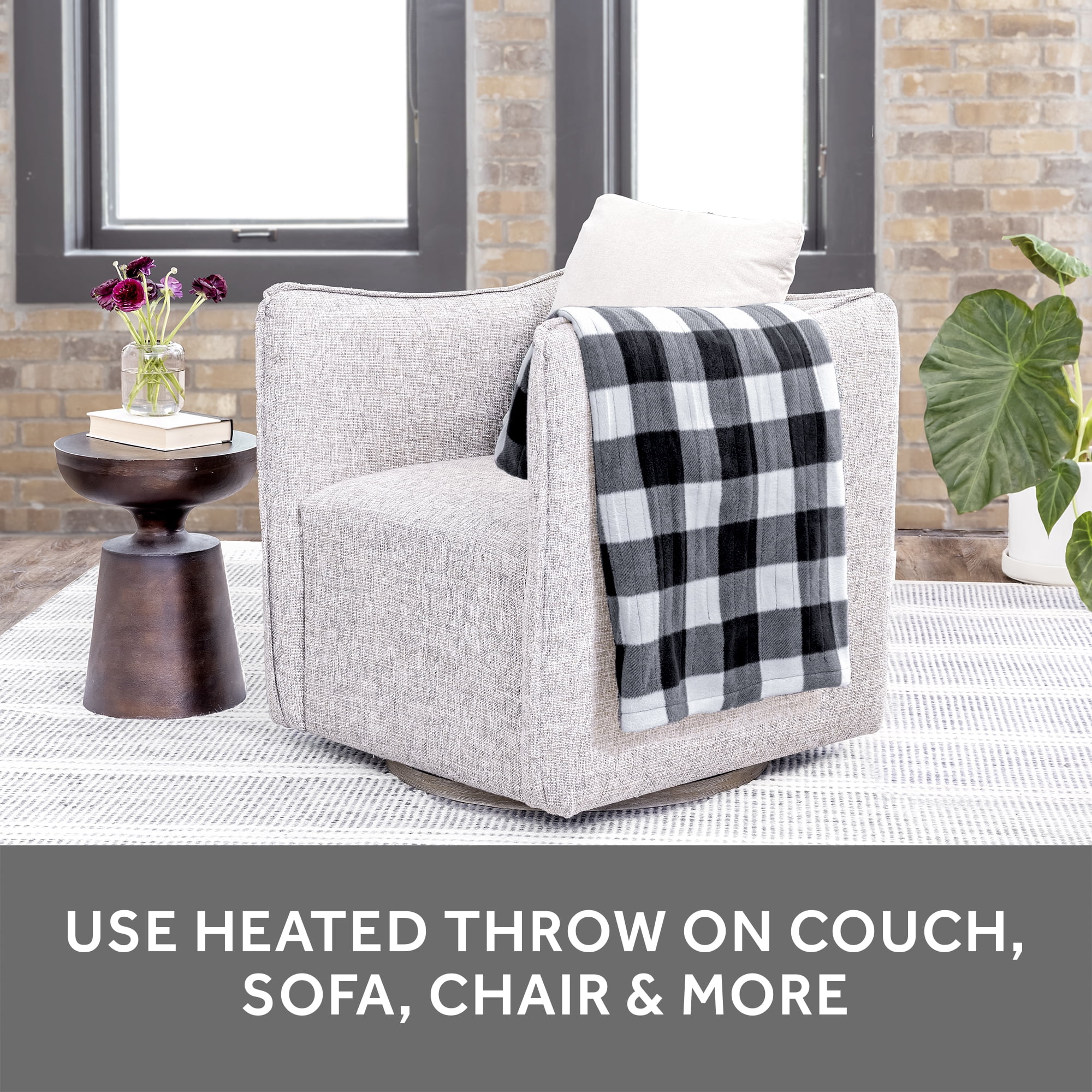 Sunbeam White Black Buffalo Plaid Fleece Electric Heated Throw, 50" x 60", 3 Heat Settings, Fast Heating, Warming Throws with Auto-Shut Off, Machine Washable