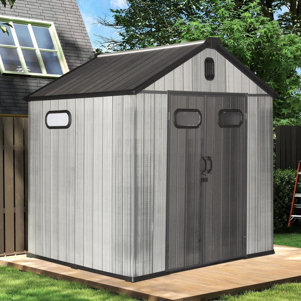 8x8FT Resin Outdoor Storage Shed – Lockable Door, Waterproof, Windows & Vents – Ideal for Patio Furniture, Lawn Mower, Bike Storage