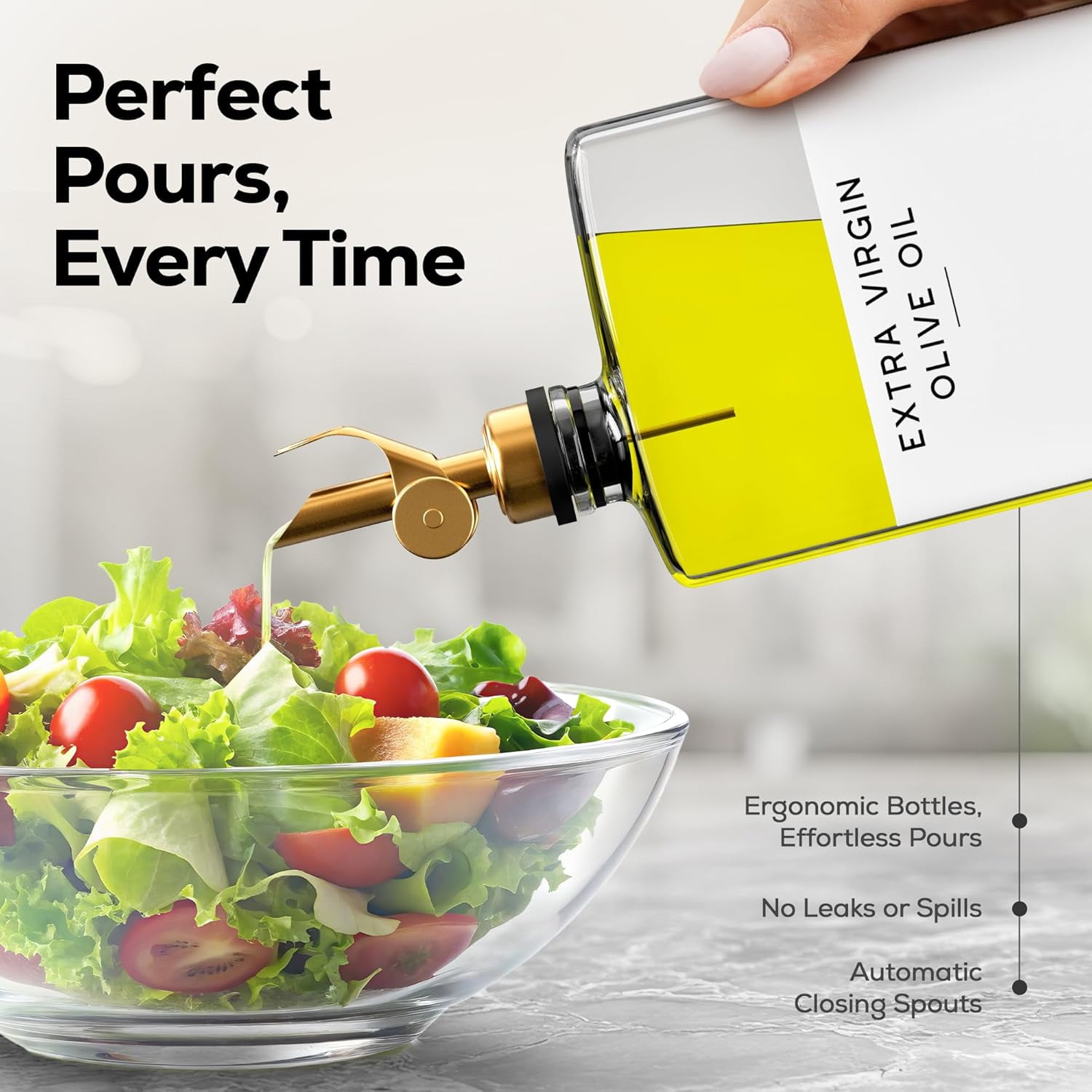 Glass Olive Oil Dispenser Bottle for Kitchen by - Coffee Syrup Dispenser, Oil and Vinegar Bottle - Modern Kitchen Essentials for Restaurants, Coffee Bar, Airbnb (Clear/Gold, Set of 2)
