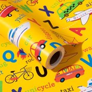 Alphabet & Vehicles Wrapping Paper Roll - Yellow Cars, Planes with Embossed Design for Kids Boys Birthday Educational Gift Wrapping with Cut Lines, Mini Roll - 17 inches x 32.8 Feet