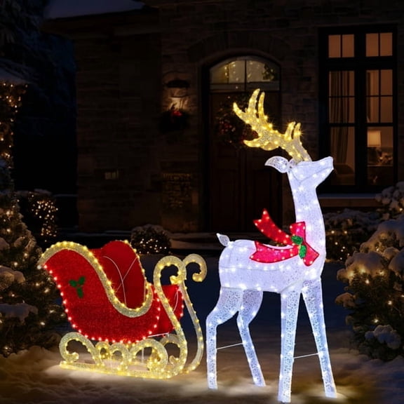 5ft Lighted Christmas Reindeer & Sleigh Set - LED Illuminated, Durable Outdoor/Indoor Yard Decor, Classic Festive Design