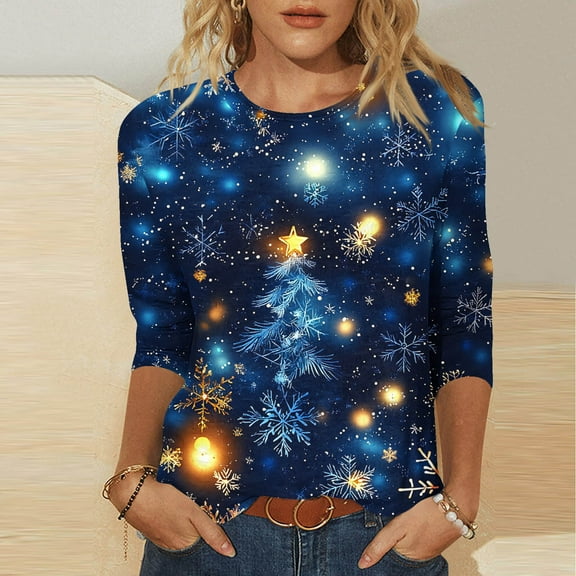 FDGIU Plus Size Christmas Tops for Women, Festive 3/4 Sleeve Crewneck T-Shirt, Cute Holiday Print Loose Fit Tunic for 2025