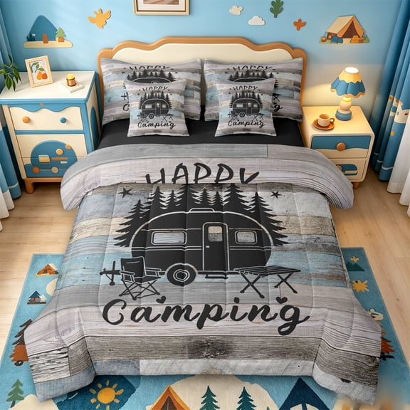 Catabedysis Rustic Camping 7-Piece Twin Bedding,Camper Silhouette Print Bedding Comforter Set For Boys,Multicolor,Black Reversible