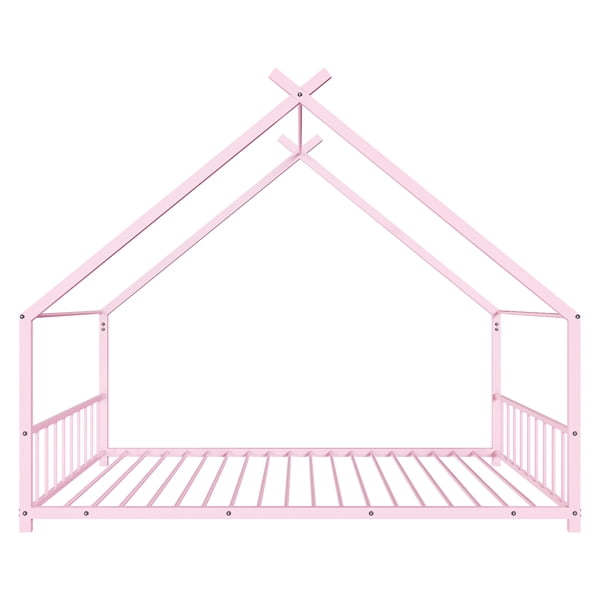 Pink Flat Bed House Shape with Side Guardrails Twin Children's Iron Bed