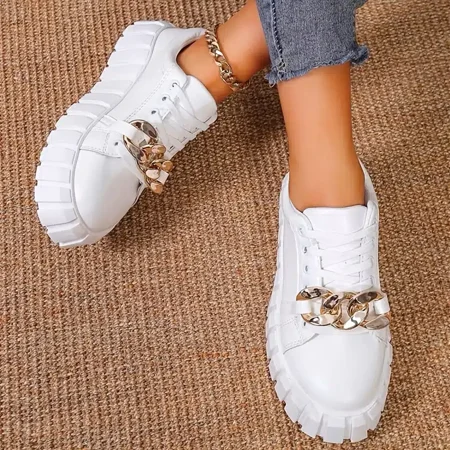 

Women‘s Lightweight Sneakers Low Top Metal Chain Lace Up Casual Shoes Women‘s Platform Footwear