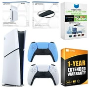 Sony PlayStation 5 Slim Digital Bundle with Disc Drive, Extra Controller, Vertical Stand, MightySkins Game Collection Services and 1 Year Extended Warranty - Starlight Blue