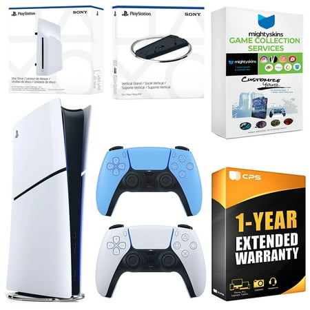 Sony PlayStation 5 Slim Digital Bundle with Disc Drive, Extra Controller, Vertical Stand, MightySkins Game Collection Services and 1 Year Extended Warranty - Starlight Blue