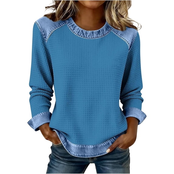 Denim Sweater for Women Collar Button up Patchwork Denim Pullover Tops Vintage Waffle Knit Jean Sweater Casual Wear Blouses