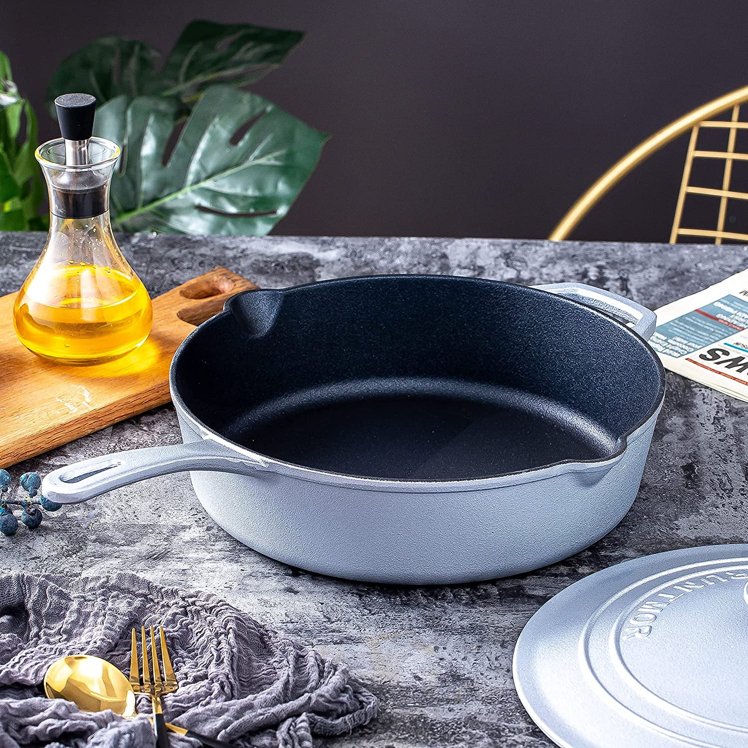 Bruntmor Enameled Silicone Oil Cast Iron 12 Inch Skillet Deep Saut