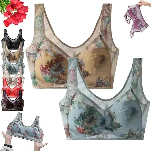 Foxyseniors Bra, ElleBloom Bra - Ultra Thin Ice Silk Lace Cooling Comfort Bra, Sujetadores Push Up inalámbricos sin Costuras para Mujer