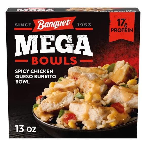 Banquet MEGA Bowls Spicy Chicken Queso Burrito Bowl, 17g of Protein, Frozen Meal, 13 oz. Bowl