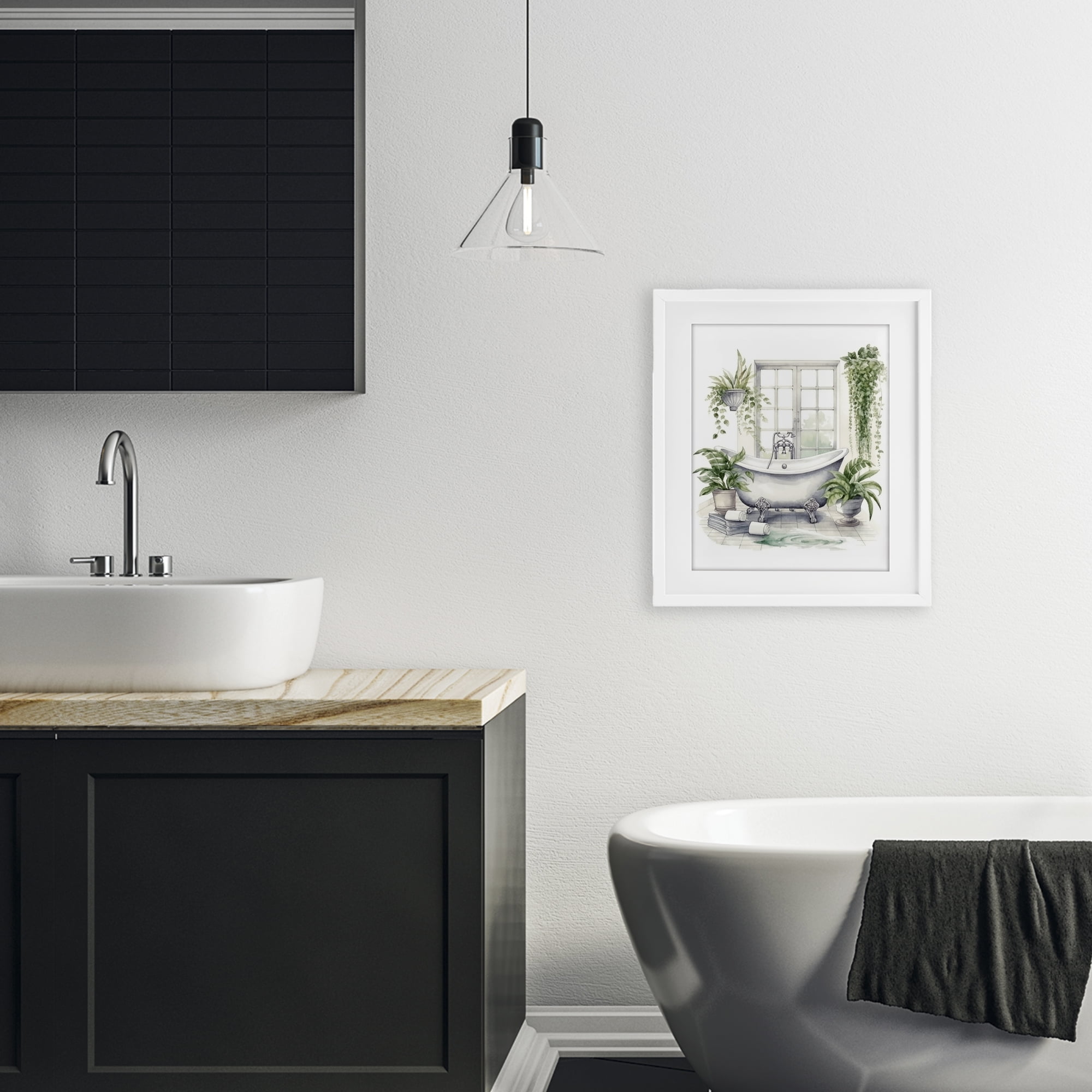Lush Greenery Bathtub & Window White Framed Print Under Glass, design by Lettered and Lined