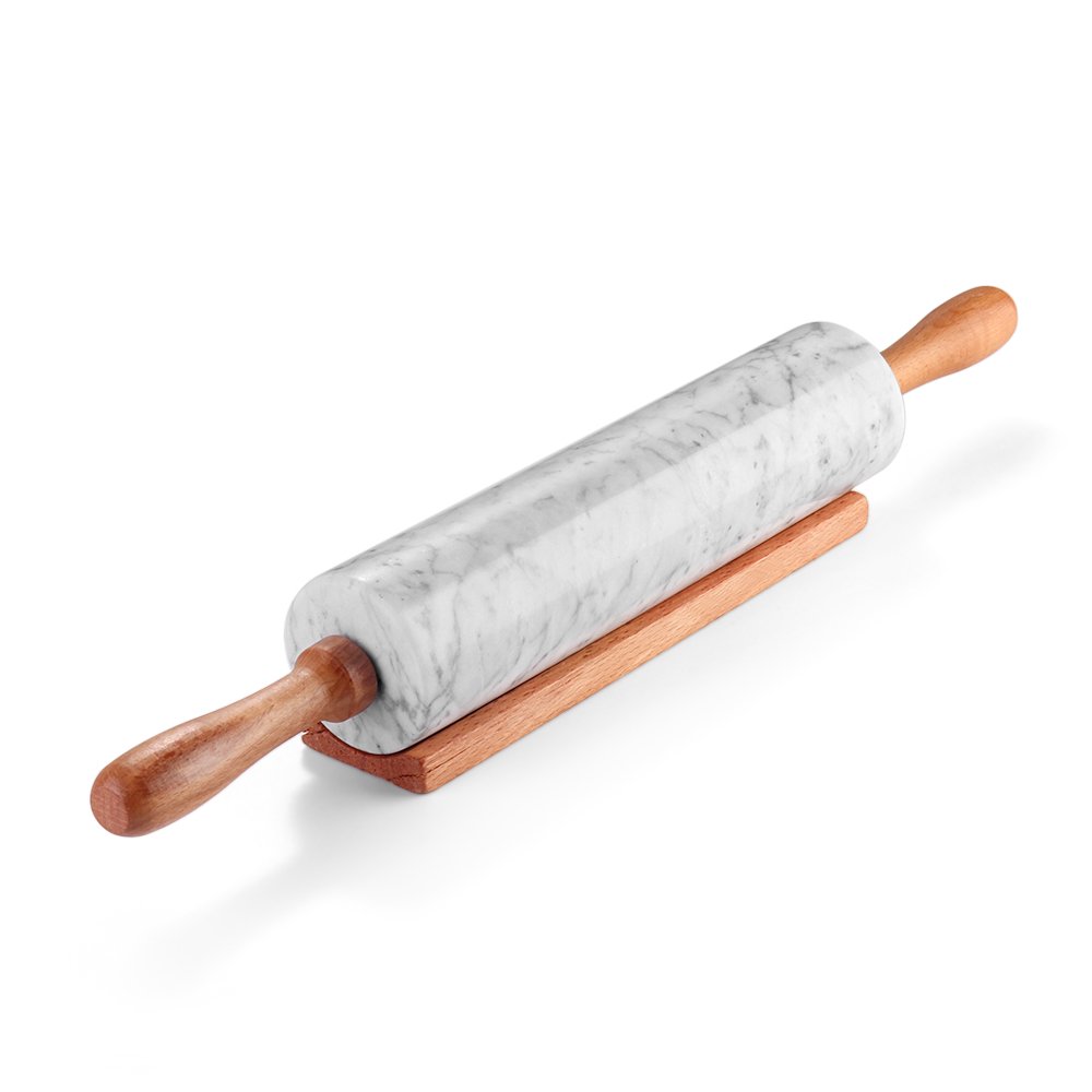 White Marble Rolling Pin, 10inch with Wooden Handle and Holder Base