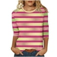 thumbnail image 1 of T-Shirts Grande Taille pour Femmes Manches 3/4 à Pois Col Rond T-Shirts Graphiques Basiques Décontractés d'Été (L, Rose/rayures), 1 of 6