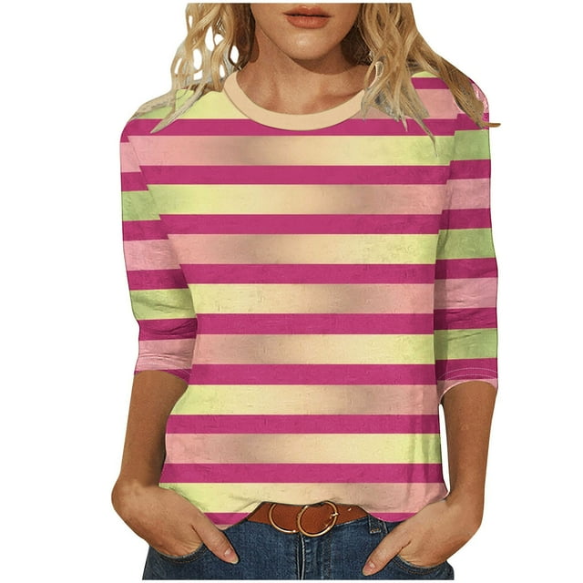 T-Shirts Grande Taille pour Femmes Manches 3/4 à Pois Col Rond T-Shirts Graphiques Basiques Décontractés d'Été (L, Rose/rayures)