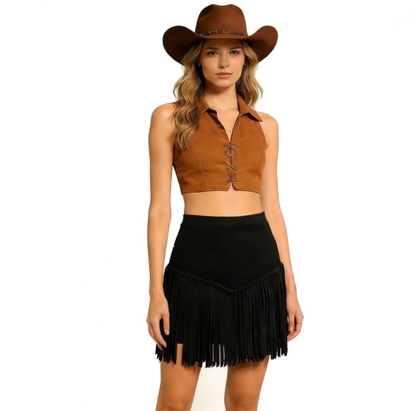 Aihuaihua Womens Western Cowgirl Tassel Skirt, Country Concert Outfit Tassel Booty Pole Dance Festival Bottoms Black L