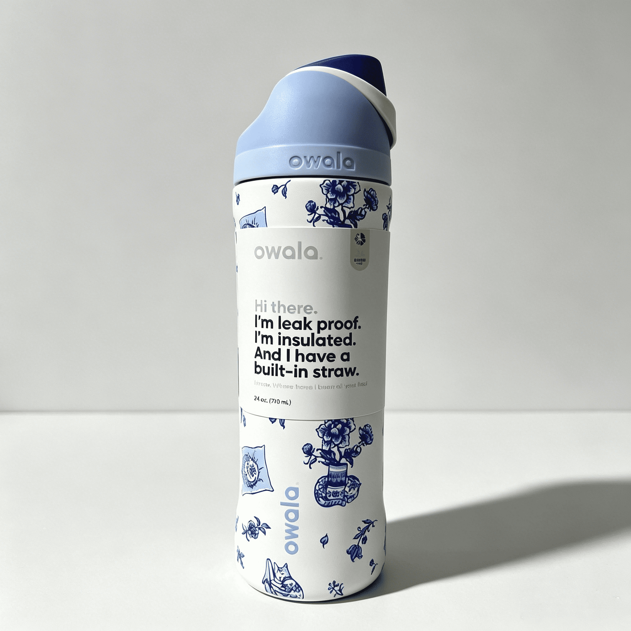 Owala FreeSip Stainless Steel Water Bottle, Kitty 24 oz Delft Cat Print
