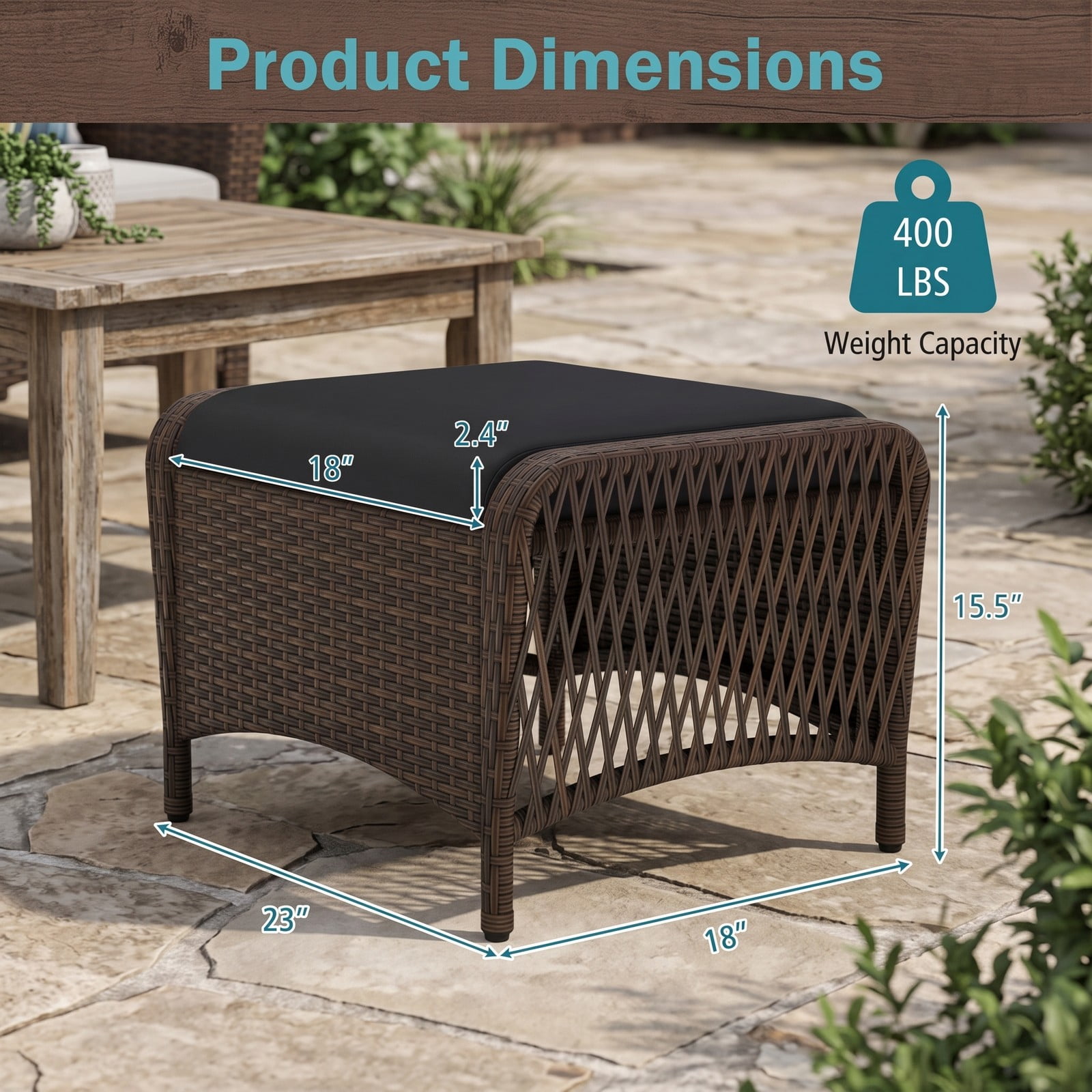 Furnibear Set of 2 Outdoor Patio PE Wicker Ottomans with Removable Cushions, Hand-Woven Rattan Footrest Extra Seat Coffee Table for Garden Porch Backyard, 400, Black