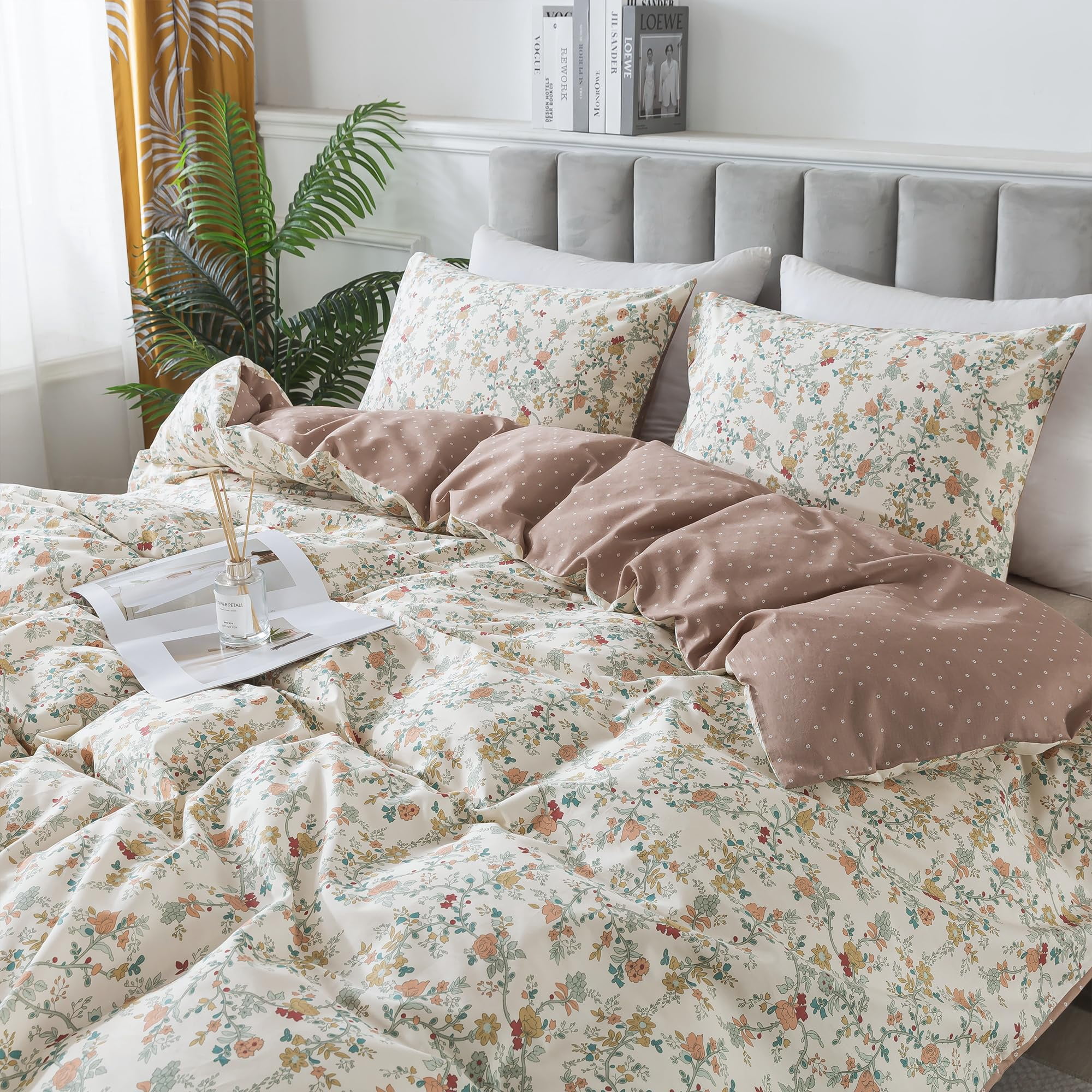 HoneiLife 3pc Duvet Cover Queen Size - 100% Cotton Comforter Floral Breathable Duvet Cover with Zipper Closure & Corner Ties, Brown Branches