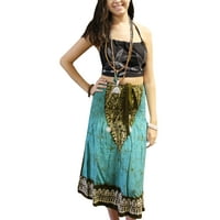 Mogul Women's Boho Maxi Skirt Hippy Chic Floral Long A-Line Aqua Blue Bohemian Style Beach Maxi Skirts M